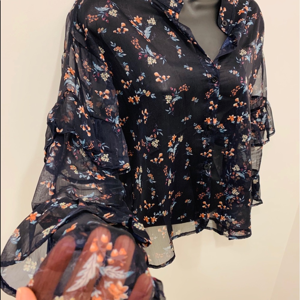 Navy blue see-though floral print blouse